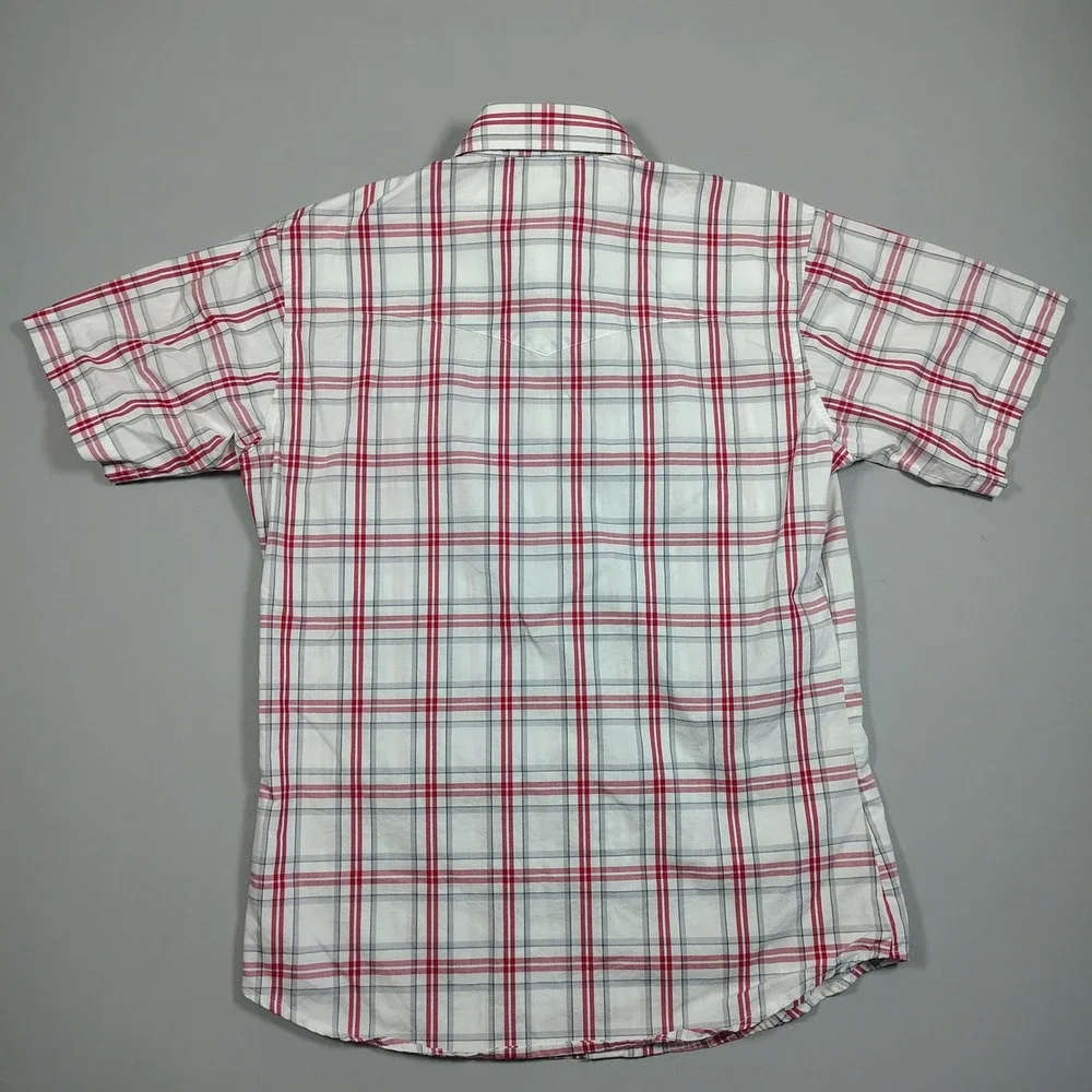 Wrangler Western Shirt Men Medium White Red Plaid Pearl Snap Short Sleeve Cotton